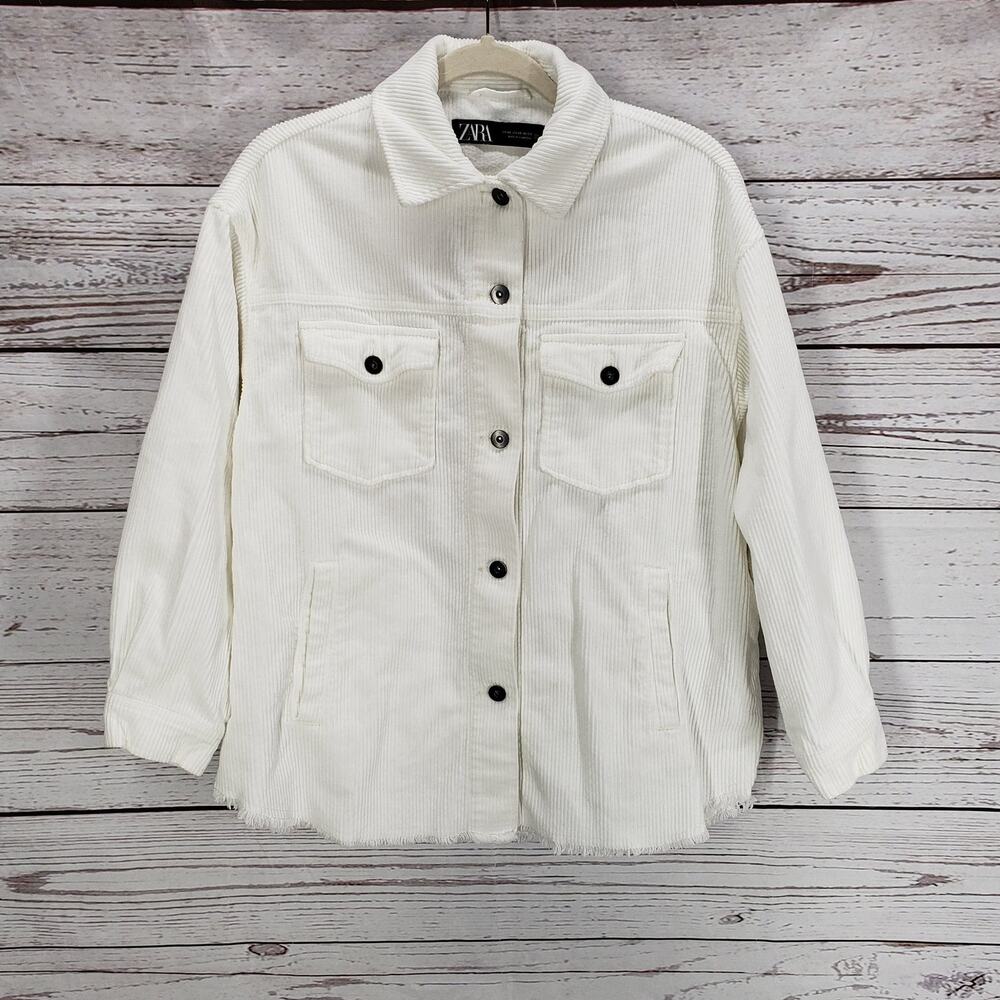 Zara Women's Off White Corduroy Pockets Raw Hem Oversized Jacket Size XS